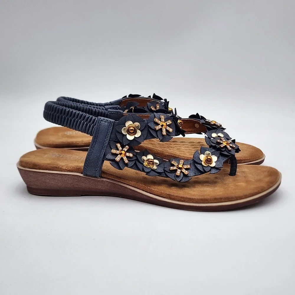Patrizia by Spring Step Women's 7.5/8 Rhinestone‎ Blue Floral Shoes Flats Sandal